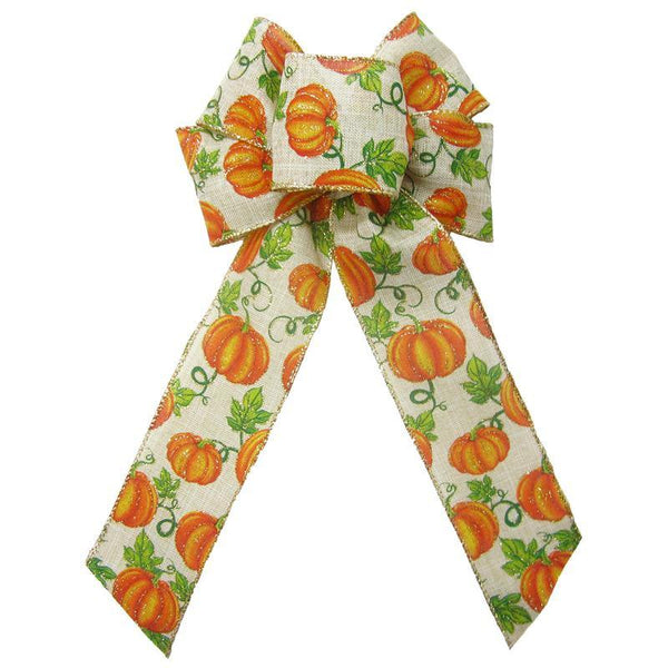 Wired Fall Pumpkins Natural Linen Bow (2.5"ribbon~6"Wx10"L) - Alpine Holiday Bows