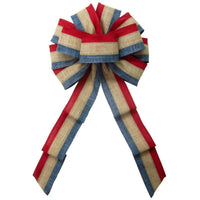Patriotic Wreath Bows - Wired Patriotic Linen Tri Stripe Natural Bow (2.5"ribbon~10"Wx20"L)