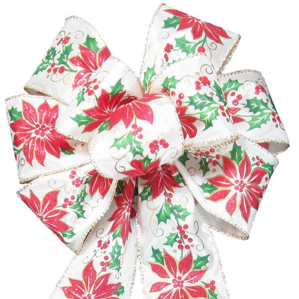 Christmas Wreath Bows - Wired Ivory & Red Poinsettia Bow (2.5"ribbon~8"Wx16"L)