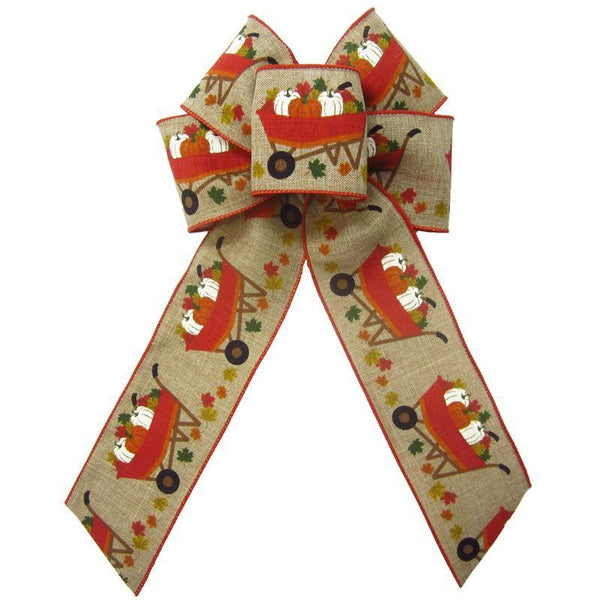 Wired Natural Harvest Cart of Pumpkins Bows (2.5"ribbon~6"Wx10"L) - Alpine Holiday Bows