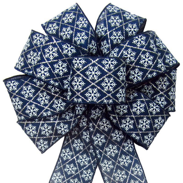 Wired Navy Blue Snowflakes Bow (2.5"ribbon~10"Wx20"L) - Alpine Holiday Bows