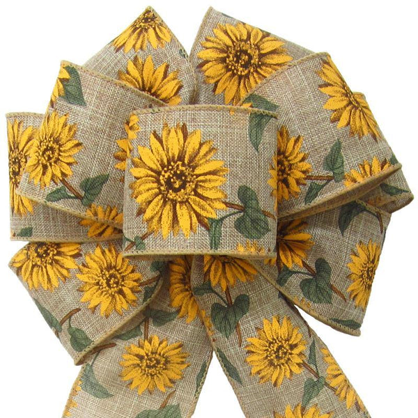 Fall Wreath Bows - Wired Natural Linen Painted Sunflowers Bow (2.5"ribbon~8"Wx16"L)