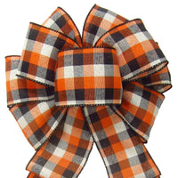 Wired Buffalo Plaid Ivory Orange Black Linen Bows (2.5"ribbon~8"Wx16"L) - Alpine Holiday Bows