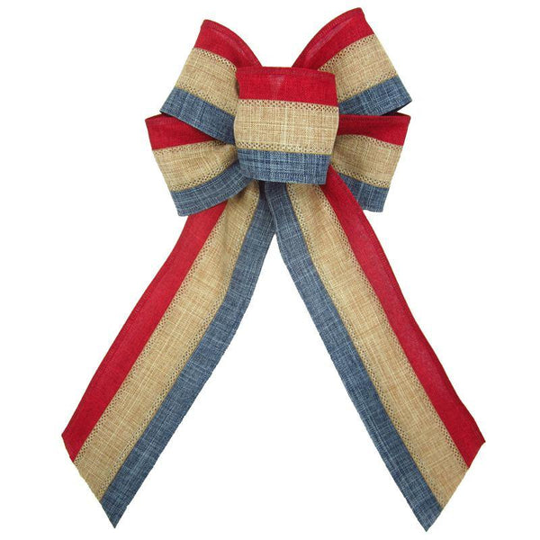 Patriotic Wreath Bows - Wired Patriotic Linen Tri Stripe Natural Bow (2.5"ribbon~6"Wx10"L)