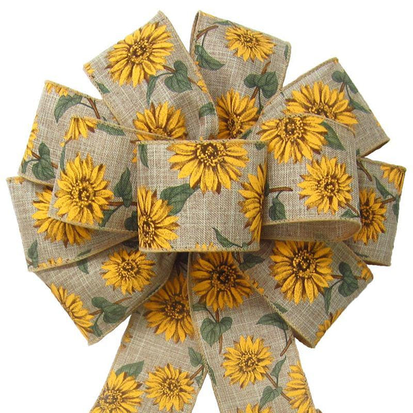 Wired Natural Linen Painted Sunflowers Bow (2.5"ribbon~10"Wx20"L) - Alpine Holiday Bows