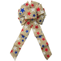Wired Patriotic Stars Natural Bow (2.5"ribbon~8"Wx16"L) - Alpine Holiday Bows