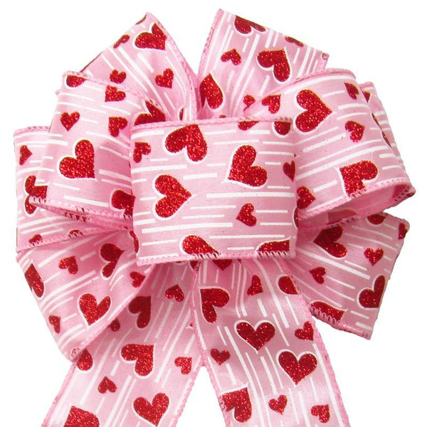 Wired Sparkling Hearts Pink Bow (2.5"ribbon~8"Wx16"L) - Alpine Holiday Bows