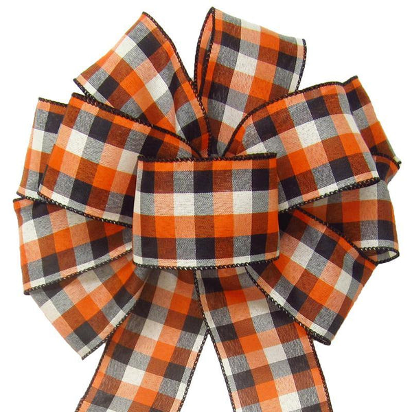 Wired Buffalo Plaid Ivory Orange Black Linen Bows (2.5"ribbon~10"Wx20"L) - Alpine Holiday Bows