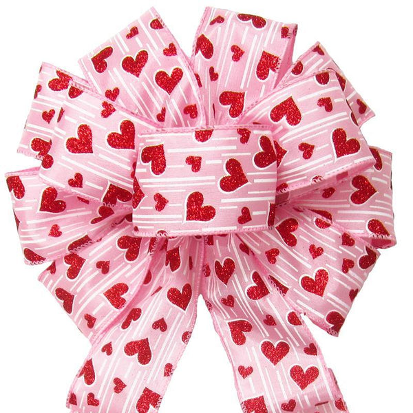 Wired Sparkling Hearts Pink Bow (2.5"ribbon~10"Wx20"L) - Alpine Holiday Bows