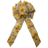 Fall Bows - Wired Natural Linen Painted Sunflowers Bow (2.5"ribbon~8"Wx16"L)