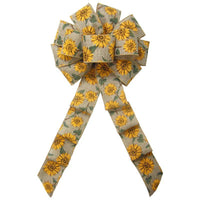 Wired Natural Linen Painted Sunflowers Bow (2.5"ribbon~10"Wx20"L) - Alpine Holiday Bows