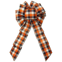 Wired Buffalo Plaid Ivory Orange Black Linen Bows (2.5"ribbon~8"Wx16"L) - Alpine Holiday Bows