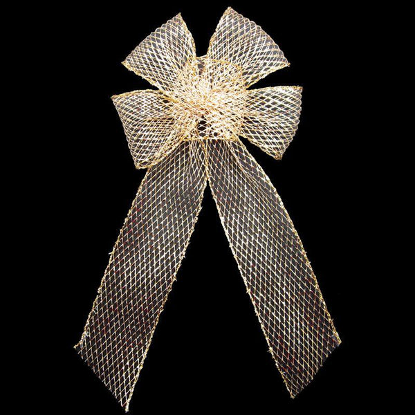 Wired Outdoor Mesh Gold Bow (2.5"ribbon~6"Wx10"L) - Alpine Holiday Bows