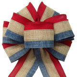 Wired Patriotic Linen Tri Stripe Natural Bow (2.5"ribbon~8"Wx16"L) - Alpine Holiday Bows