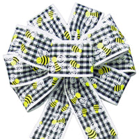 Wired Gingham Bumblebees Black & White Bows (2.5"ribbon~10"Wx20"L) - Alpine Holiday Bows