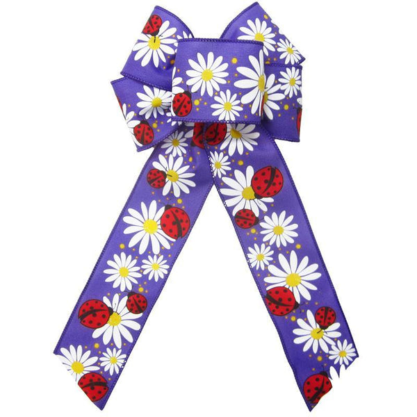 Wired Ladybugs & Daisies Purple Spring Bow (2.5"ribbon~6"Wx10"L) - Alpine Holiday Bows