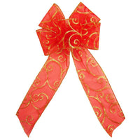 Christmas Wreath Bows - Wired Red & Gold Sparkle Swirl Bow (2.5"ribbon~6"Wx10"L)