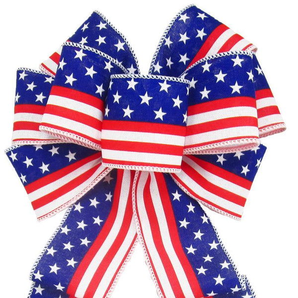 Wired Stars & Stripes White Bow (2.5"ribbon~8"Wx16"L) - Alpine Holiday Bows